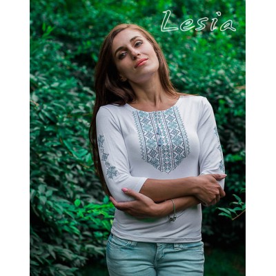 Embroidered t-shirt with 3/4 sleeves "Lace" turquise on white